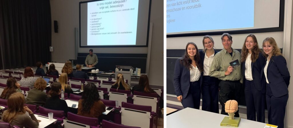 Dr. Kortekaas giving a lecture on the left, and posing with the organisers on the right.