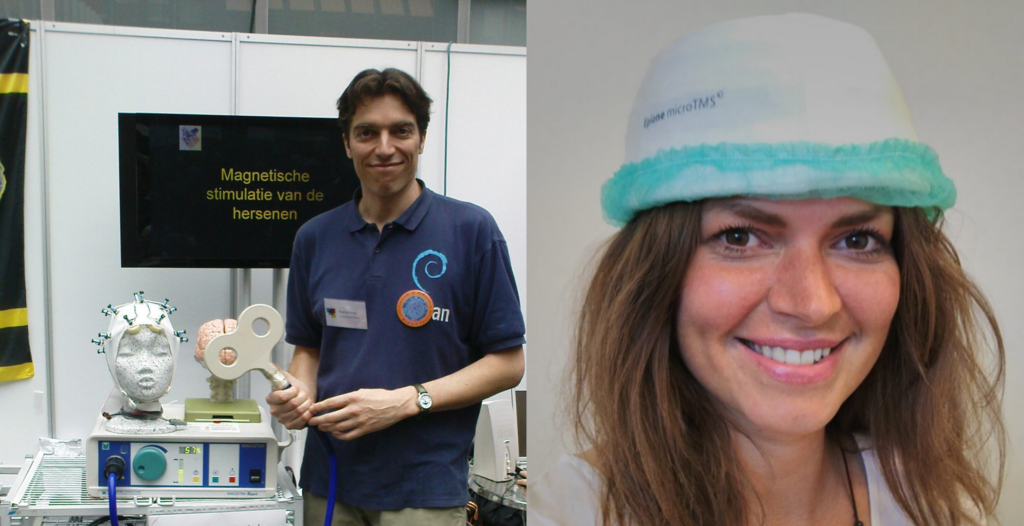 Er zijn twee vormen van transcraniële magnetische stimulatie. Links het eerste prototype microTMScap, rechts een 8-vormige spoel voor rTMS. Open dag UMCG, maart 2010.